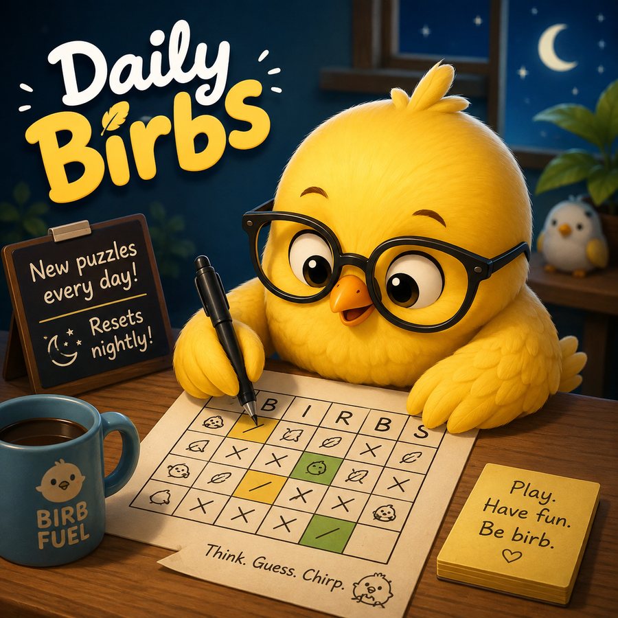 A glasses-wearing chick solving the daily Birbs puzzle by lamplight